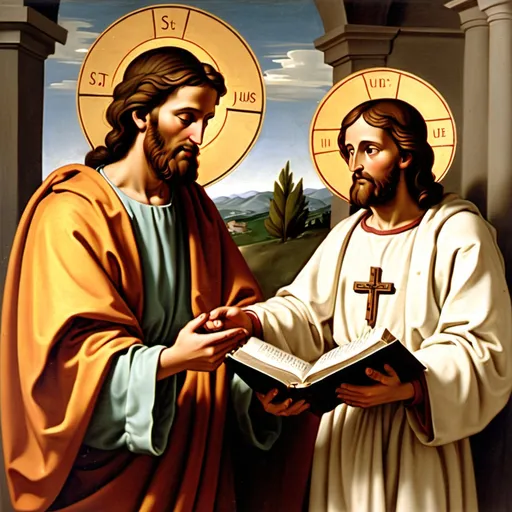 Prompt: St. Jude Thaddeus being with jesus, 
sharing the gospel