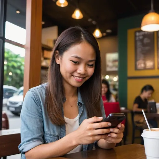 Prompt: filipina looking at her mobile phone with a smirk while inside a coffee shop
