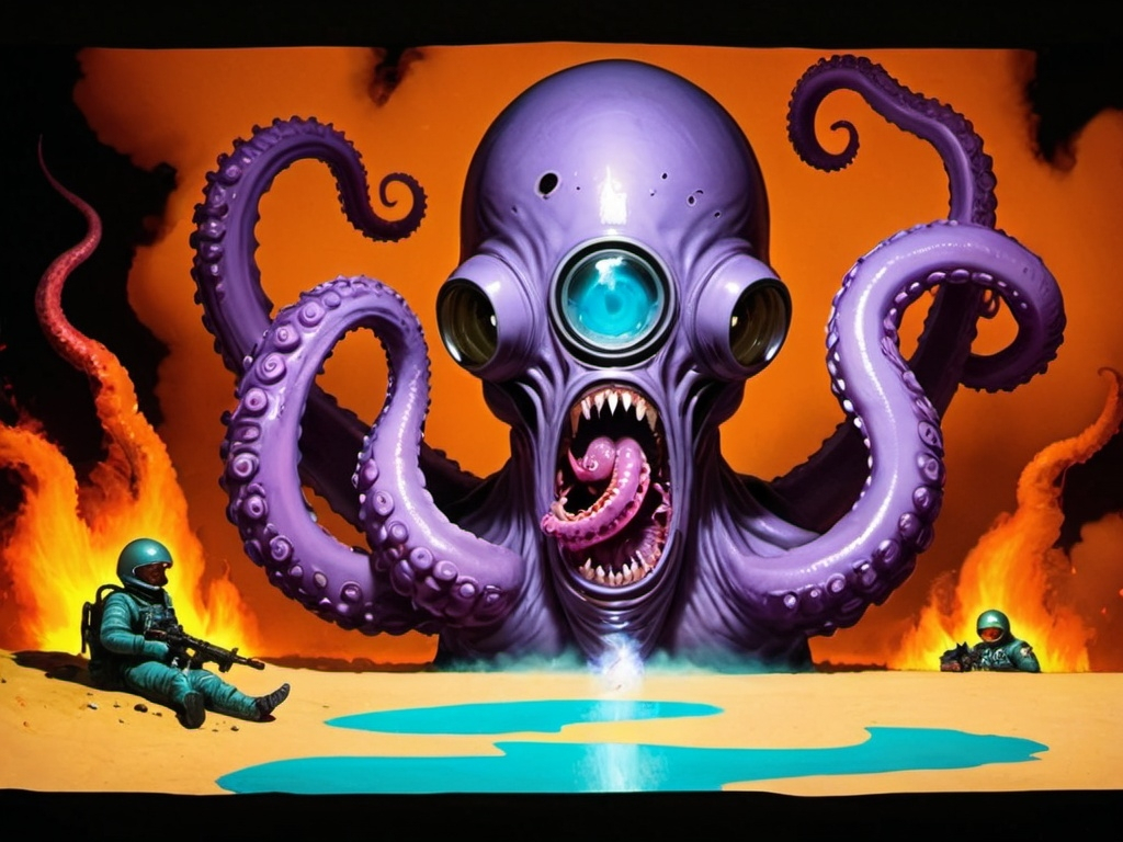 Prompt: burned war  space men tentacle horror army  monsters (eating  humans)