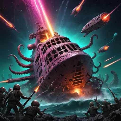 Prompt: crazy happy scary tentacle horror ancient spaceship wreck colours hot in space cracked alien dead body's army fighting battle hero hell graveyard lasers guns war death epic fleet