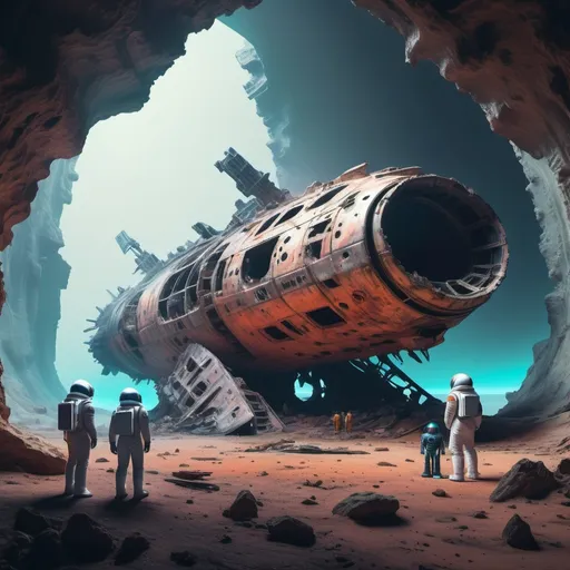 Prompt: spacemen looking at ancient spaceship wreck with dead crew all over the area with colours and a broken robot hyper real