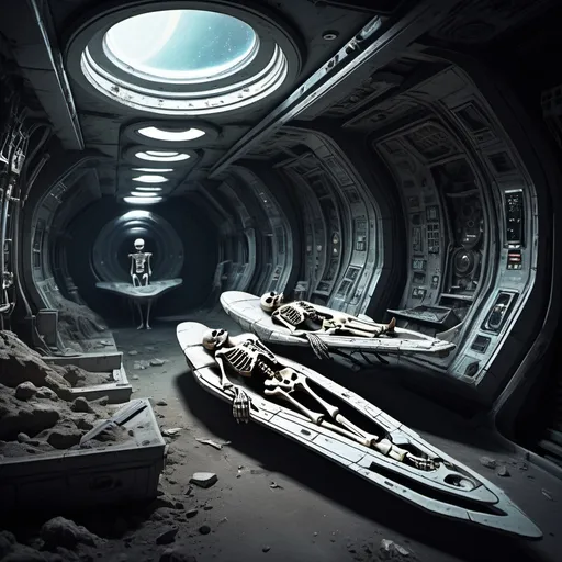 Prompt: space ship ancient abandoned   dead men space crew skeletons