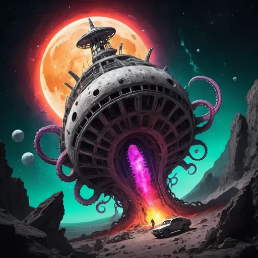 Prompt: crazy happy scary tentacle horror ancient spaceship wreck colours hot in space cracked alien moon 