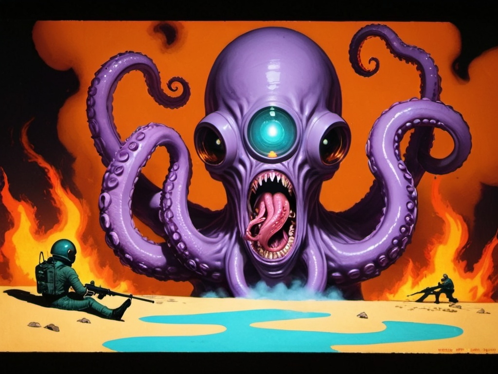 Prompt: burned war  space men tentacle horror army  monsters (eating  humans) woman