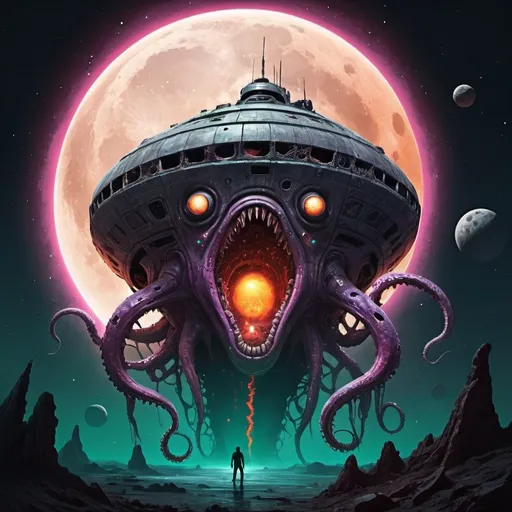 Prompt: crazy happy scary tentacle horror ancient spaceship wreck colours hot in space cracked alien moon dead body's 