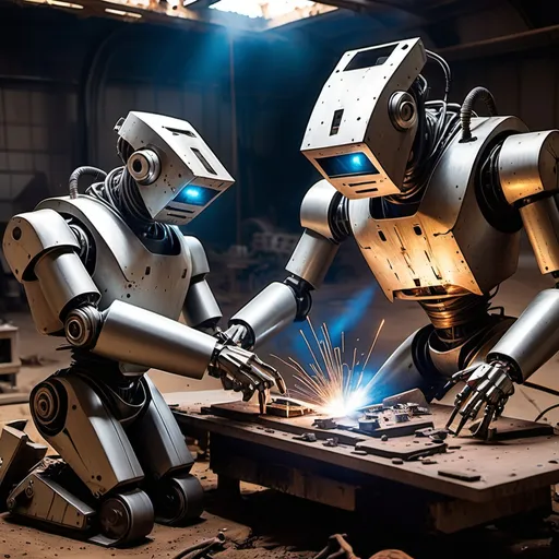 Prompt: robots fixing welding ancient spaceship wreck