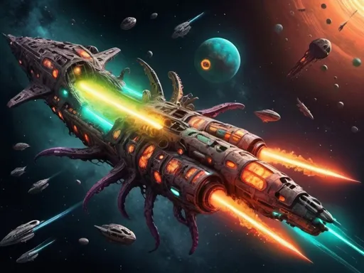 Prompt: crazy happy scary tentacle horror ancient spaceship wreck colours hot in space cracked alien dead body's army fighting battle hero hell graveyard lasers guns war death epic fleet in space with broken planet 