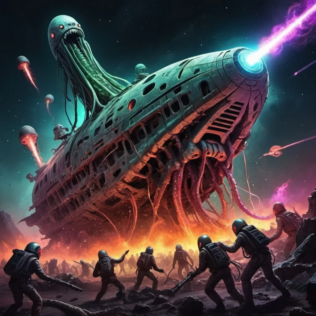 Prompt: crazy happy scary tentacle horror ancient spaceship wreck colours hot in space cracked alien dead body's army fighting battle hero hell graveyard lasers guns war death 