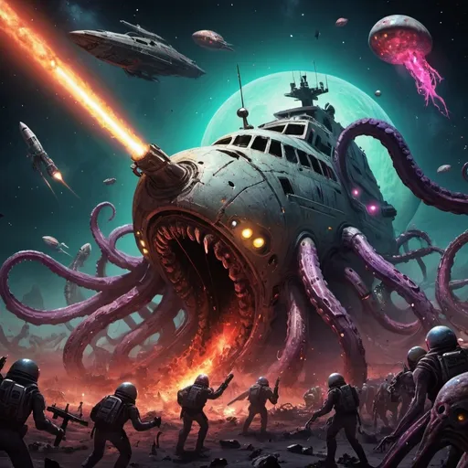 Prompt: crazy happy scary tentacle horror ancient spaceship wreck colours hot in space cracked alien dead body's army fighting battle hero hell graveyard lasers guns war death epic fleet in space with broken planet zombies shooting 