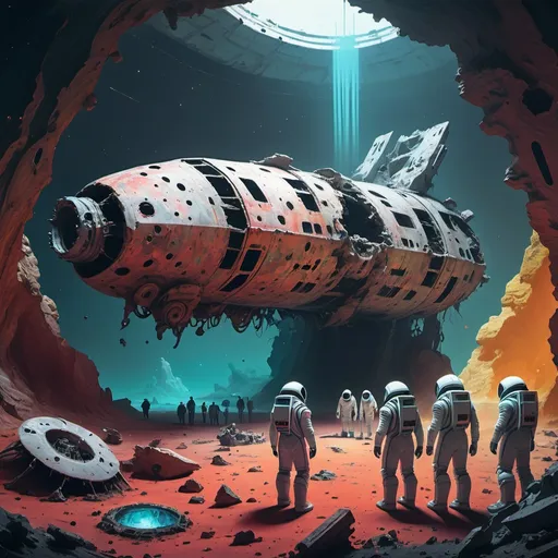 Prompt: spacemen looking at ancient spaceship wreck with dead crew all over the area with colours and a broken robot