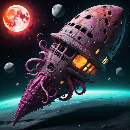 Prompt: crazy happy scary tentacle horror ancient spaceship wreck colours hot in space cracked moon 