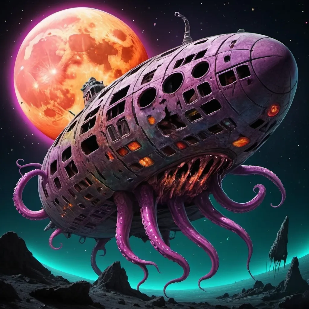 Prompt: crazy happy scary tentacle horror ancient spaceship wreck colours hot in space cracked alien moon dead body's 