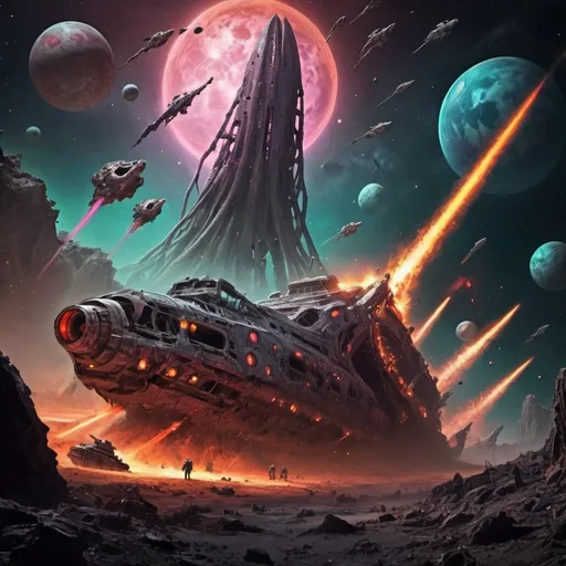 Prompt: crazy scary tentacle horror ancient spaceship wreck colours hot in space cracked alien dead body's army fighting battle hero hell graveyard lasers guns war death epic fleet in space with broken planet