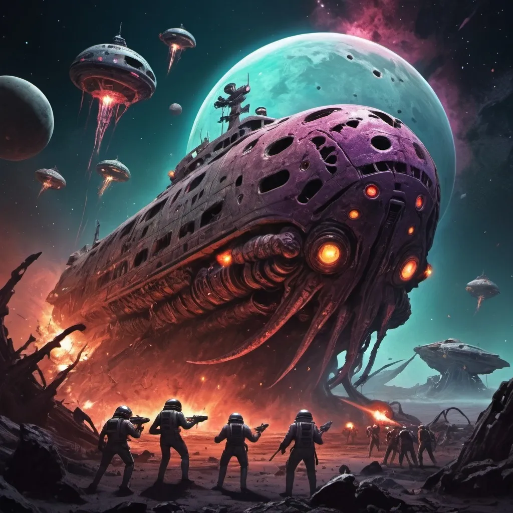 Prompt: crazy happy scary tentacle horror ancient spaceship wreck colours hot in space cracked alien dead body's army fighting battle hero hell graveyard lasers guns war death epic fleet in space with broken planet