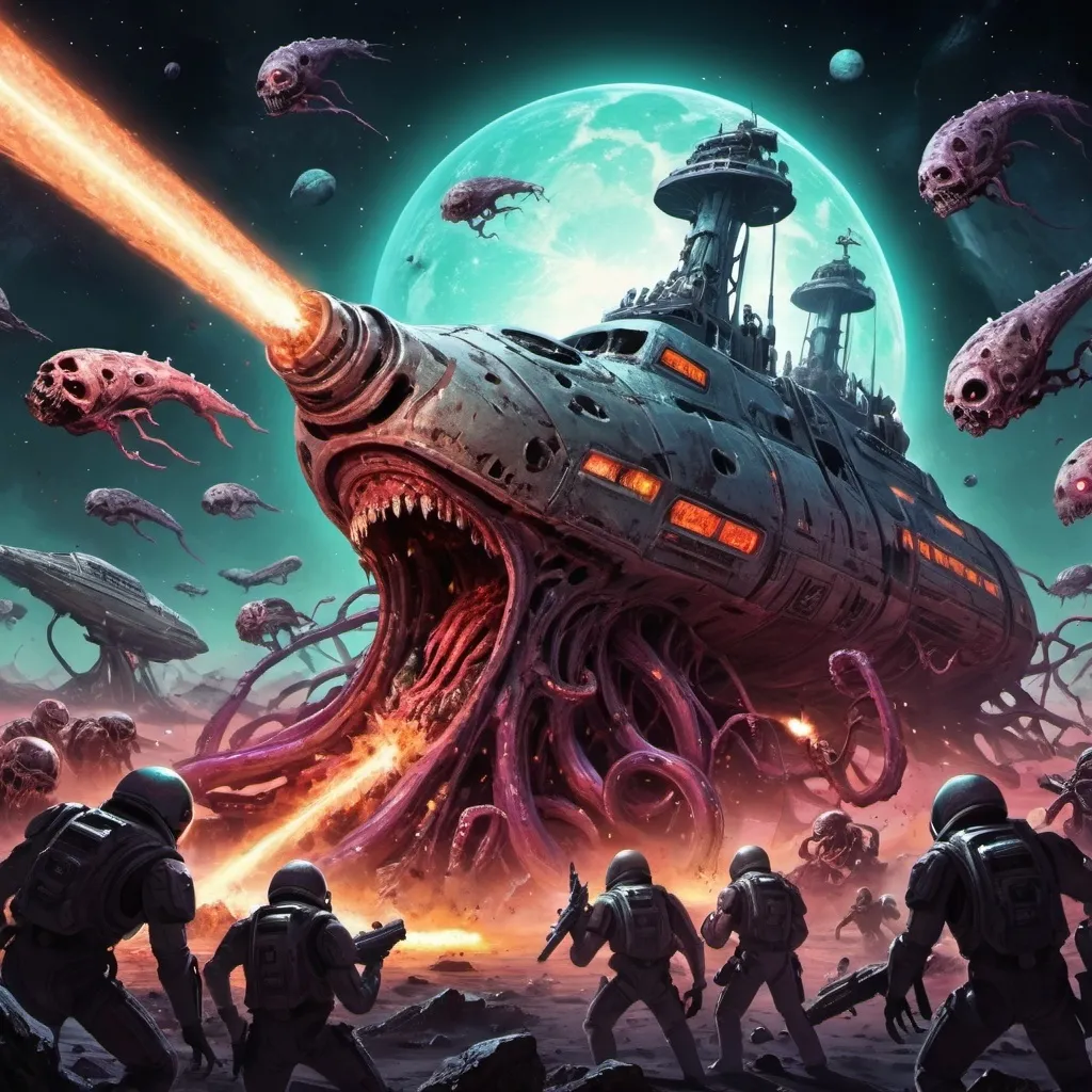 Prompt: crazy happy scary tentacle horror ancient spaceship wreck colours hot in space cracked alien dead body's army fighting battle hero hell graveyard lasers guns war death epic fleet in space with broken planet zombies shooting skulls bones