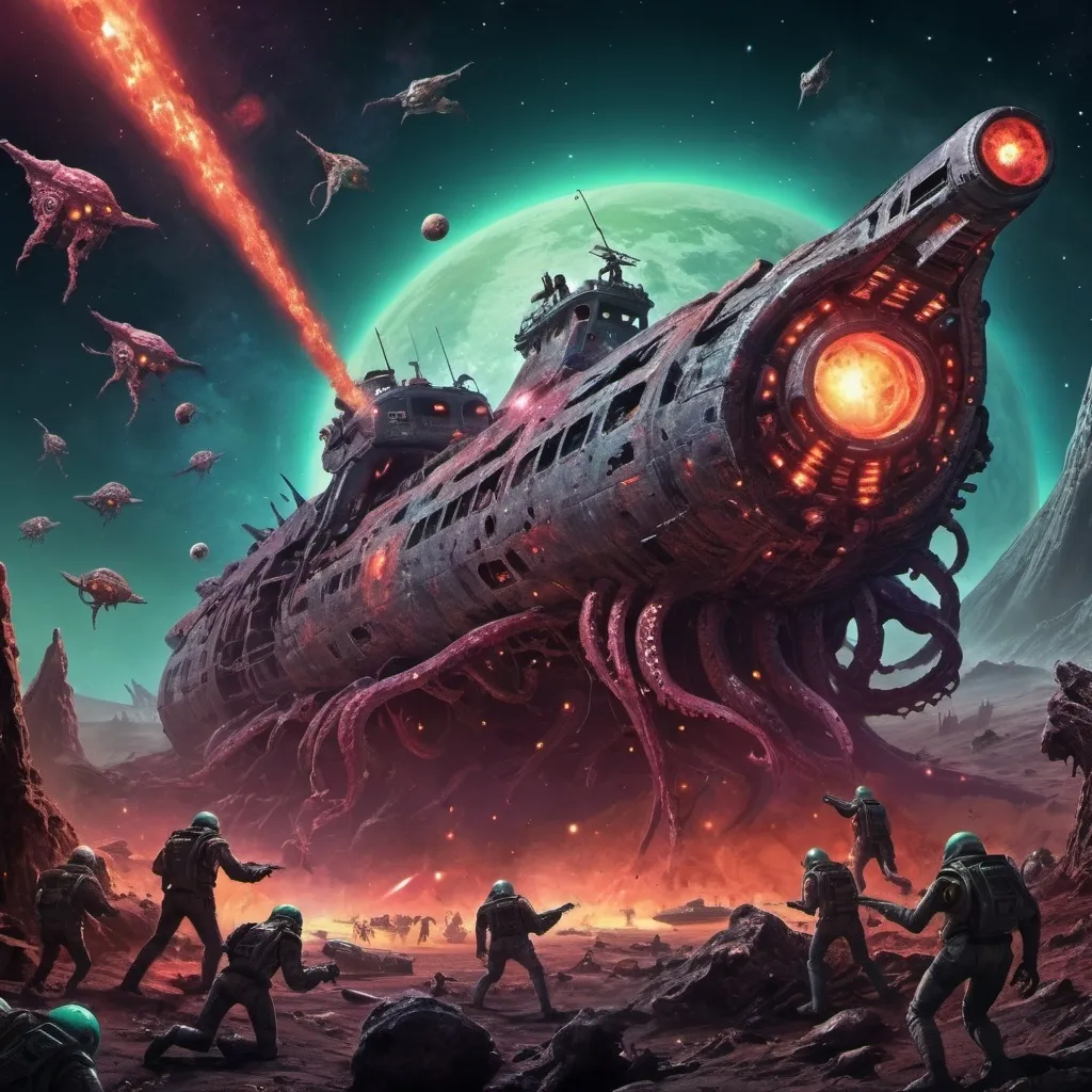 Prompt: crazy happy scary tentacle horror ancient spaceship wreck colours hot in space cracked alien dead body's army fighting battle hero hell graveyard lasers guns war death epic fleet in space with broken planet zombies shooting