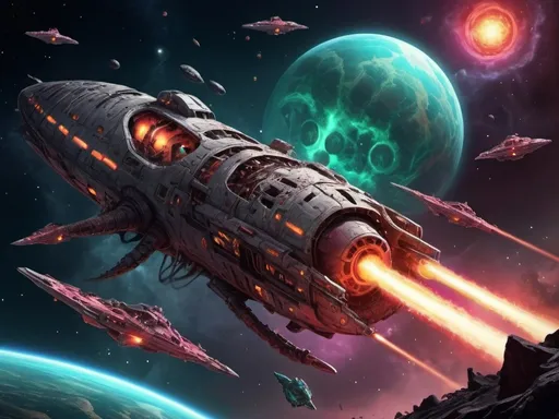 Prompt: crazy happy scary tentacle horror ancient spaceship wreck colours hot in space cracked alien dead body's army fighting battle hero hell graveyard lasers guns war death epic fleet in space with broken planet 