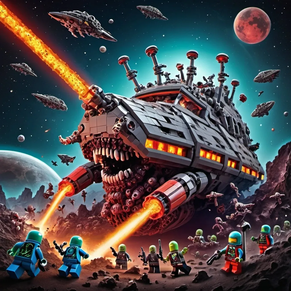 Prompt: crazy happy scary tentacle horror ancient spaceship wreck colours hot in space cracked alien dead body's army fighting battle hero hell graveyard lasers guns war death epic fleet in space with broken planet zombies shooting lego space man vs real