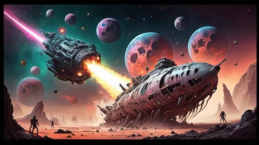 Prompt: crazy happy scary tentacle horror ancient spaceship wreck colours hot in space cracked alien dead body's army fighting battle hero hell graveyard lasers guns war death epic fleet in space with broken planet 