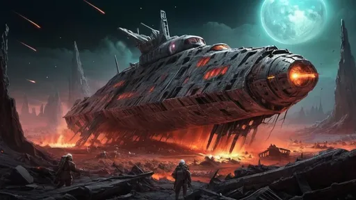 Prompt: crazy scary  horror ancient spaceship wreck colours hot in space cracked dead body's army fighting battle hero hell graveyard lasers guns war death epic hoard 