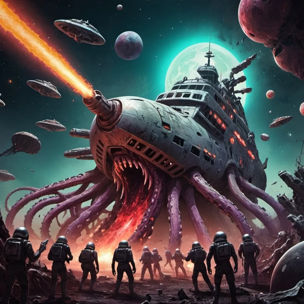 Prompt: crazy happy scary tentacle horror ancient spaceship wreck colours hot in space cracked alien dead body's army fighting battle hero hell graveyard lasers guns war death epic fleet in space with broken planet zombies shooting