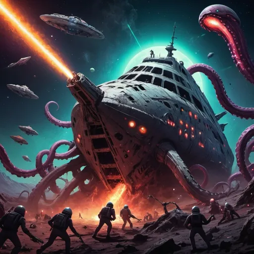 Prompt: crazy happy scary tentacle horror ancient spaceship wreck colours hot in space cracked alien dead body's army fighting battle hero hell graveyard lasers guns war death epic fleet in space with broken planet