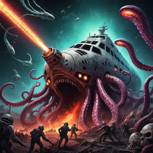 Prompt: crazy happy scary tentacle horror ancient spaceship wreck colours hot in space cracked alien dead body's army fighting battle hero hell graveyard lasers guns war death 