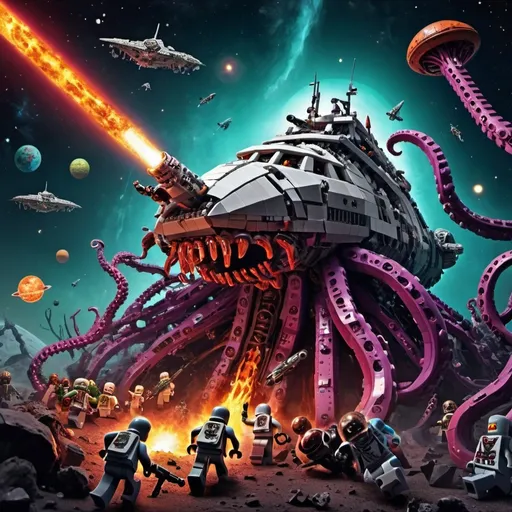 Prompt: crazy happy scary tentacle horror ancient spaceship wreck colours hot in space cracked alien dead body's army fighting battle hero hell graveyard lasers guns war death epic fleet in space with broken planet zombies shooting lego space man