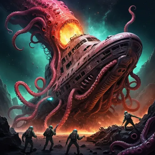 Prompt: crazy happy scary tentacle horror ancient spaceship wreck colours hot in space cracked alien dead body's army fighting battle hero hell