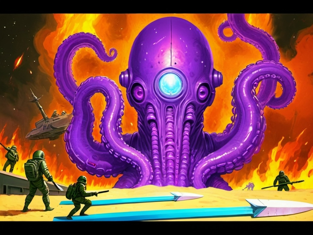 Prompt: burned war soldiers space men tentacle horror swords guns  army ancient spaceship monsters eating 