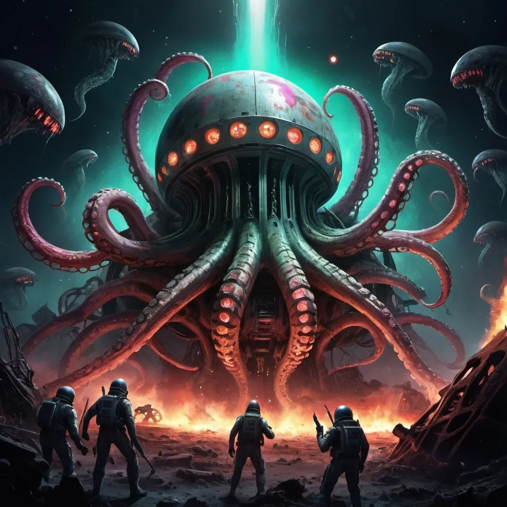 Prompt: crazy happy scary tentacle horror ancient spaceship wreck colours hot in space cracked alien dead body's army fighting battle hero hell graveyard lasers guns war death 