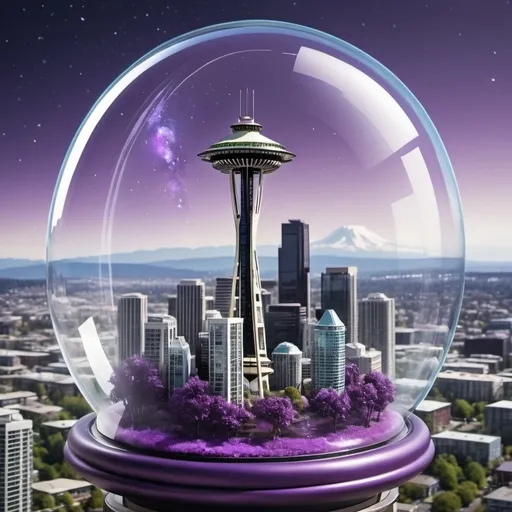 Prompt: Intergalactic space city purple and clear glass dome floating. Silver and light blue tower in shaoe of space needle