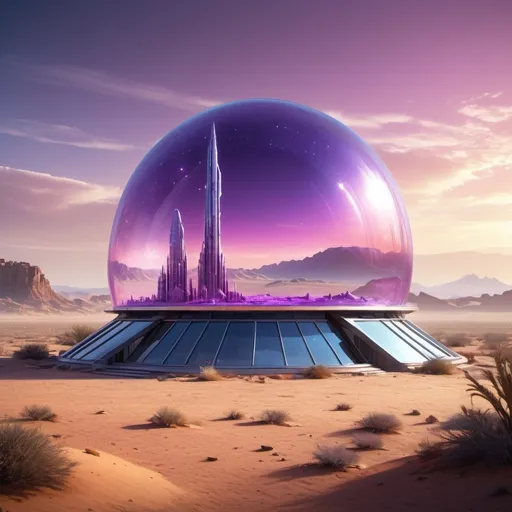 Prompt: Intergalactic space tower purple and clear glass dome floating. Silver and light blue tower opens into dome but inclosed and a dome at the top floating tower. Surrounded by desert lands and crappy houses.