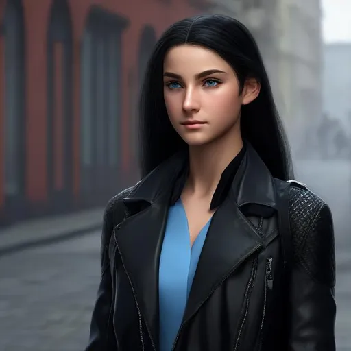 Prompt: 15-year-old Erica Hale from Stuart Gibbs Spy School novel. Dark hair with ice blue eyes. Wearing all black, leather jacket, and weapon belt. Most beautiful british realistic spy. Extremely detailed environment, detailed background, intricate, detailed skin, professionally color graded, photorealism, 8k, 