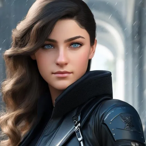 Prompt: 15-year-old Erica Hale from Stuart Gibbs Spy School novel. Dark hair with ice blue eyes. Wearing all all-black, leather jacket, and weapon belt. Most beautiful British realistic spy. Running Extremely detailed environment, detailed background, intricate, detailed skin, professionally color graded, photorealism, 8k, 