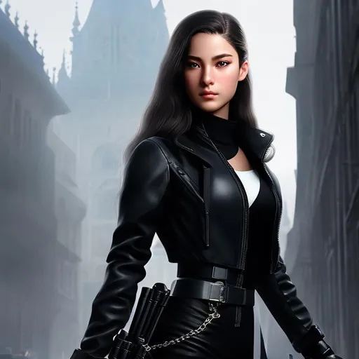 Prompt: 15-year-old Erica Hale from Stuart Gibbs Spy School novel. Dark hair with ice blue eyes. Wearing all black, leather jacket, and weapon belt. Most beautiful british realistic spy. Extremely detailed environment, detailed background, intricate, detailed skin, professionally color graded, photorealism, 8k, 