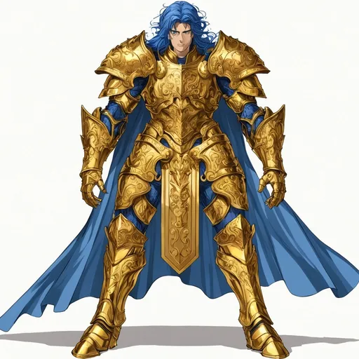 Prompt: anime, man, warrior,detailed, blue hair, heavy gold armor, very detailed,greek,costellation cancer armor,powers