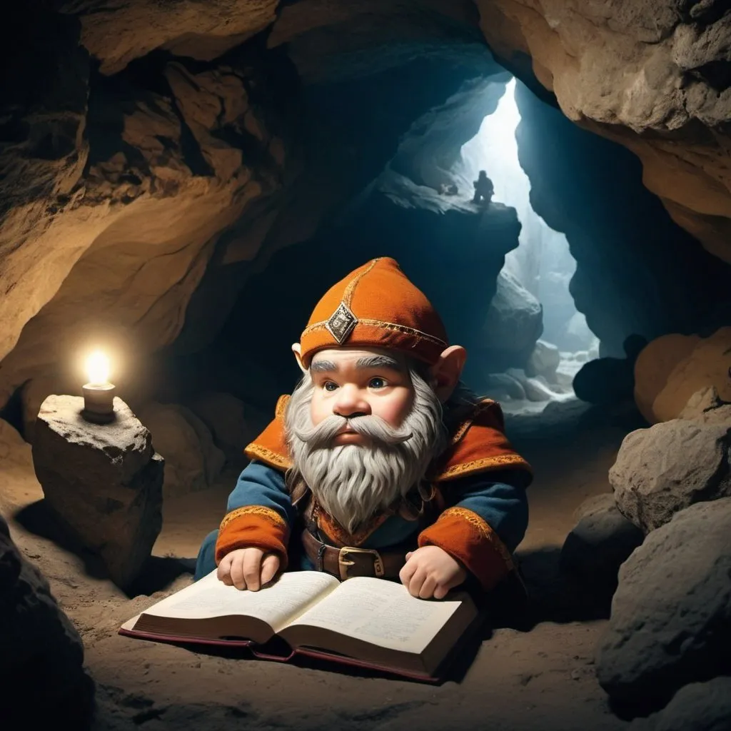 Prompt:  in little dwarf in cave to study