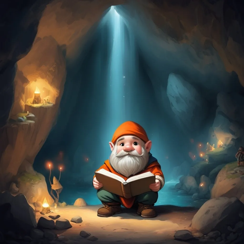 Prompt:  in little dwarf in cave to study