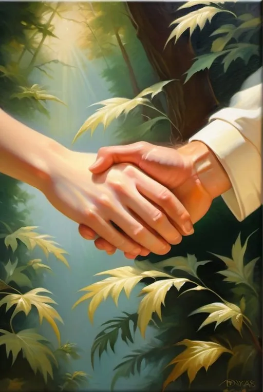 Prompt: romantic painting of a couple holding hands in front of lush trees, vintage oil painting, soft brushstrokes, warm and vibrant colors, ethereal lighting, Anthony Devas, love, tender embrace, traditional, heartwarming, detailed hands, classic art, scenic beauty, classic romance, highres, vintage oil painting, romanticism, love, ethereal lighting