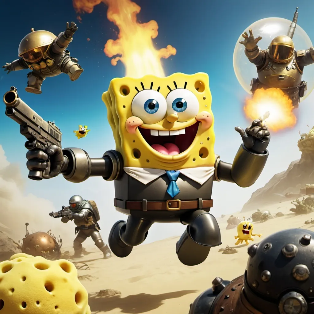 Prompt: sponge bob in helldivers 2 fighting terminids with jesus