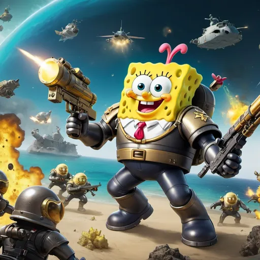 Prompt: sponge bob in helldivers 2 fighting terminids with jesus