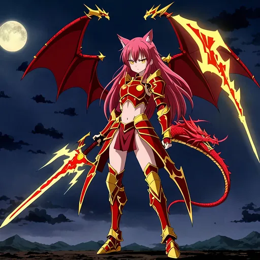 Prompt: Full body female warrior in perfect figure with long burgundy hair and yellow glowing eyes in a gold and red dragon armor holding a red lightning ki and a red lightning sword under the sky of red lightning anime, girl, detailed, pink hair, shy, cat ears, very detailed