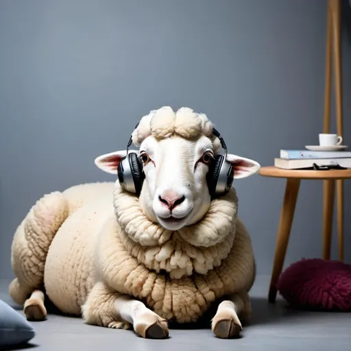 Prompt: a female sheep lounging in a minimalistic room listing to music with earmuffs
