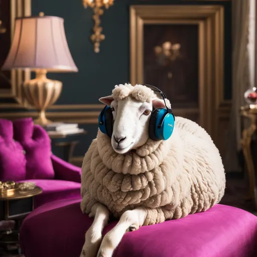 Prompt: a female sheep lounging in a fancy room listing to music with earmuffs
