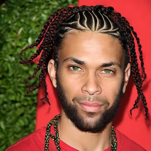 Prompt: Male, in his thirties, from the United States, African-American mixed race (very light skin color, red background), green eyes, sandy brown hair tied into African braids, like a hip-hop player