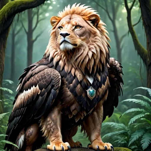 Prompt: Eagle-lion hybrid in a mystical forest, animal hybrid of an eagle and a lion, mix of lion and eagle, high quality, atmospheric lighting