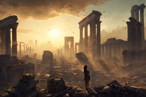 Prompt: Post-apocalyptic landscape artwork. Medium shot. Main character in a ruined city, surrounded by broken buildings and debris, holding a survival backpack and looking out at the desolate landscape with a mix of determination and despair. Wide-angle shot. Colourful, gritty 3D pixel art. Visible pixel grain texture on characters and environment. Light shining through nostalgic-item-filled survival pack on main character's back. Soft, golden hour sunlight casting long shadows and illuminating the ruins. Epic, cinematic, low-angle hero shot. Masterpiece of 3D artwork, incredibly detailed, photorealistic environment, perfectly composed, trending art, HDR, backbone of a gripping story.