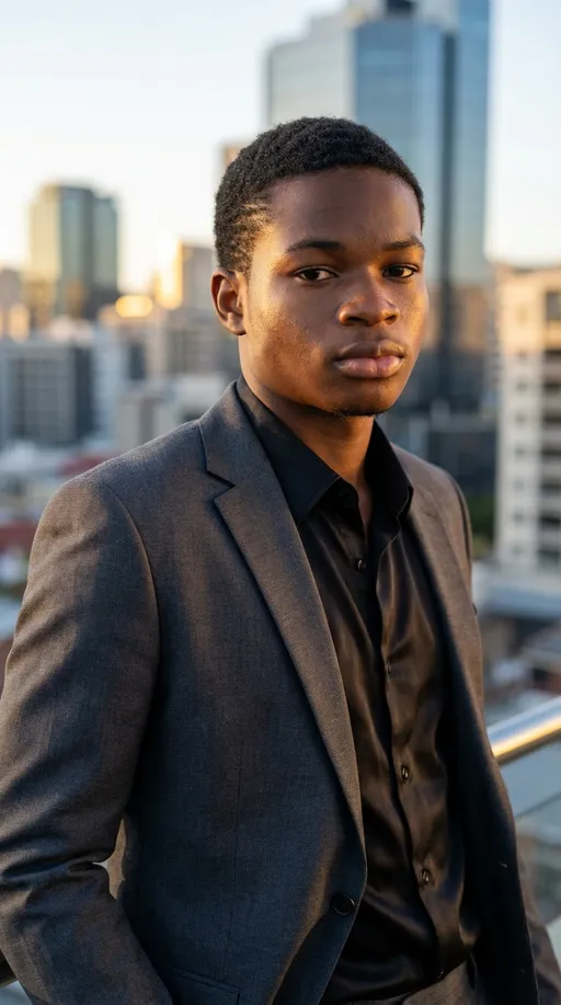 Prompt: [5:09 AM, 3/1/2026] .: Ultra-realistic portrait of a confident young entrepreneur, luxury aesthetic, natural skin detail, sharp jawline, soft cinematic lighting, modern clean haircut, wearing a tailored suit or stylish black outfit, blurred city background, golden hour lighting, professional photography, high-end fashion editorial style, 8k, DSLR quality, photorealistic”

