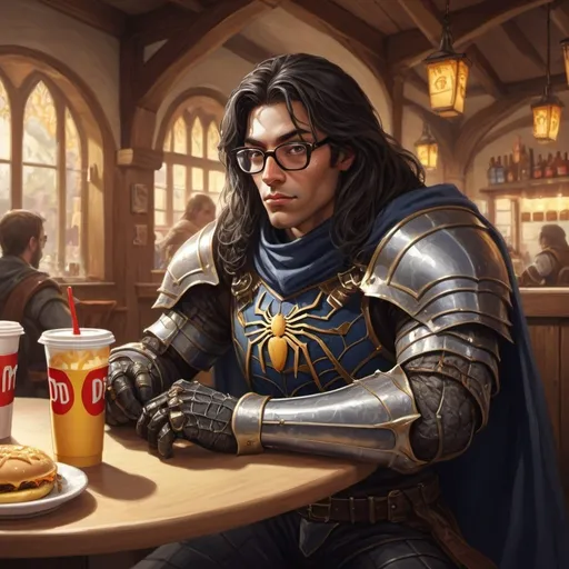 Prompt: Fantasy tavern scene of a male spider knight enjoying McDonalds,round glasses, light brown skin, long black hair, D&D style, detailed knight features, traditional fantasy art, warm lighting, high quality, character illustration, fantasy, human knight, detailed features, traditional art, warm lighting, tavern scene, McDonalds, D&D style